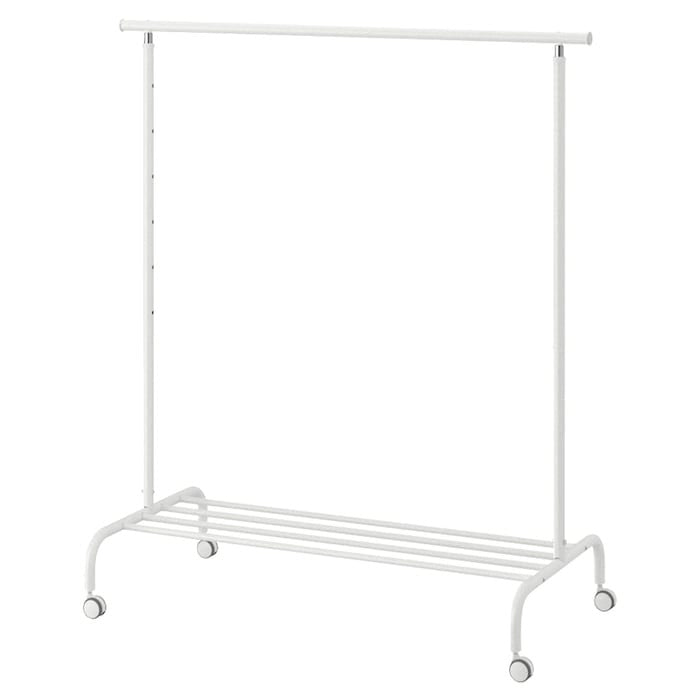Sturdy IKEA RIGGA garment rack adjustable height clothing organizer.
