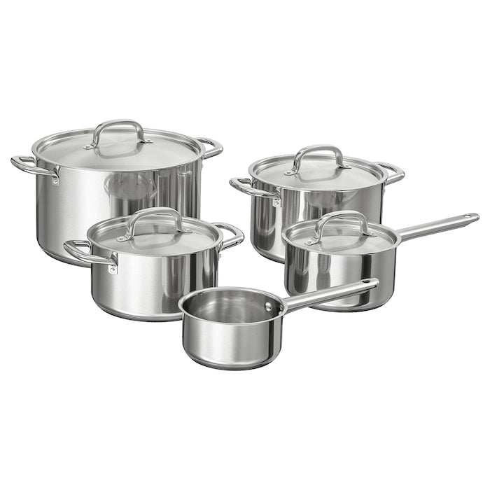 IKEA 365+ 9-piece cookware set in stainless steel.