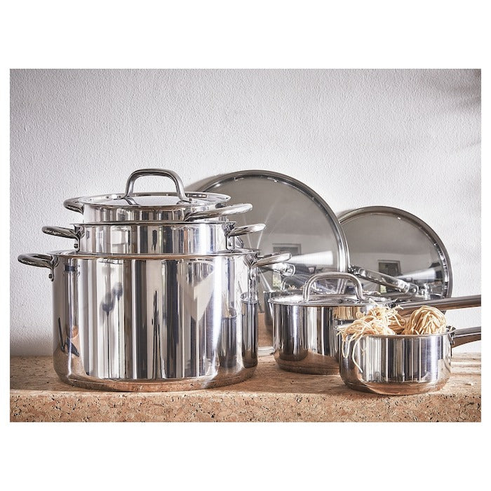 IKEA 365+ 9-piece cookware set in stainless steel.