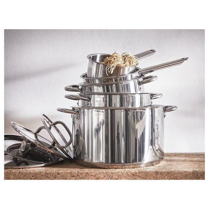 IKEA 365+ 9-piece cookware set in stainless steel.