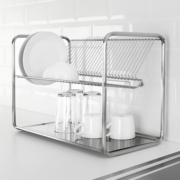 IKEA dish drainer in stainless steel ORDNING with plates and glasses.