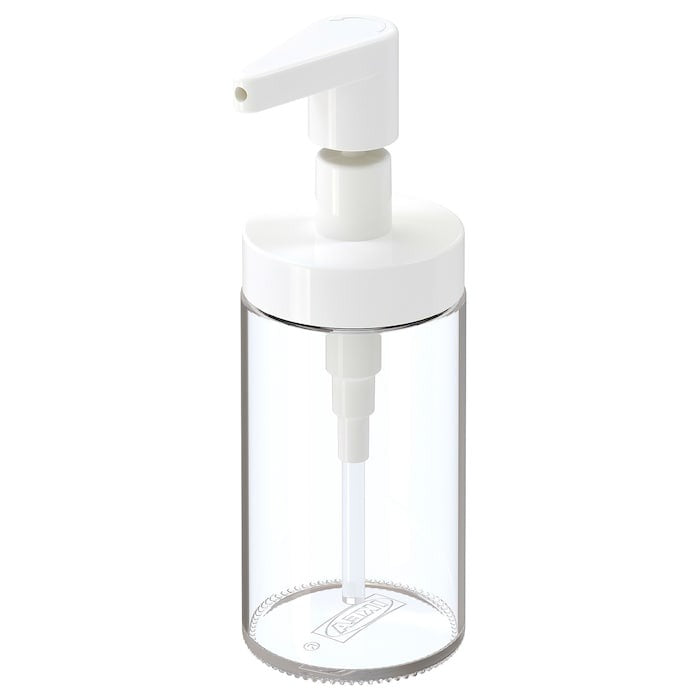 IKEA TACKAN glass soap dispenser in white color.