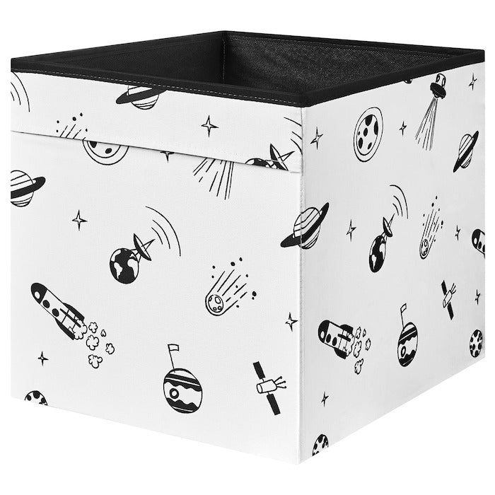 IKEA AFTONSPARV storage box with outer space design in black and white color.