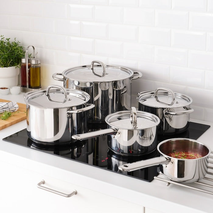 IKEA 365+ 9-piece cookware set in stainless steel.