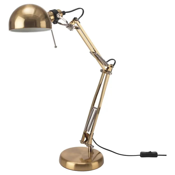 Side angle of IKEA FORSÅ brass table lamp.