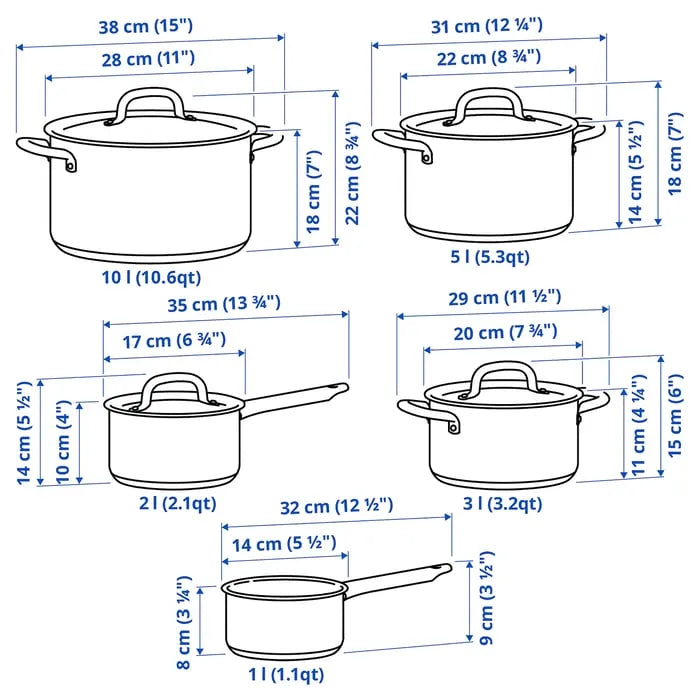IKEA 365+ stainless steel 9-piece cookware set in Pakistan with dimensions.
