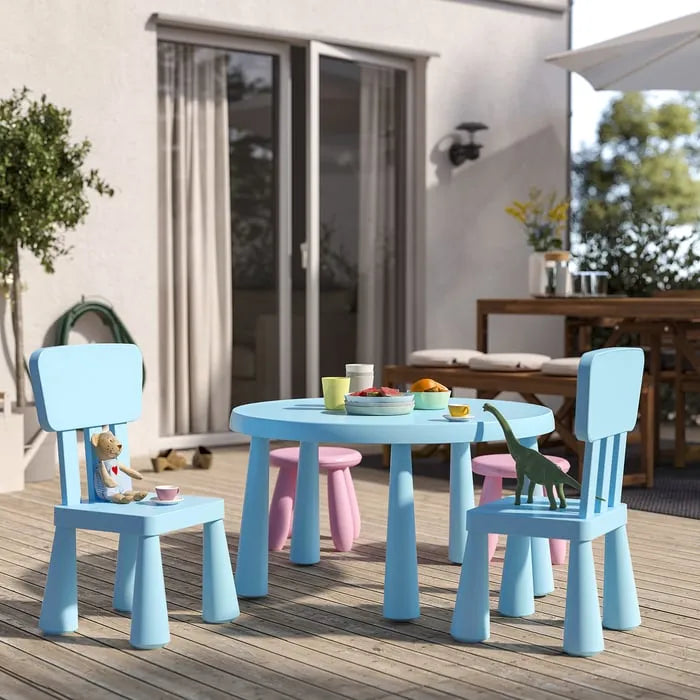 Durable IKEA MAMMUT kids chair for playroom and garden.