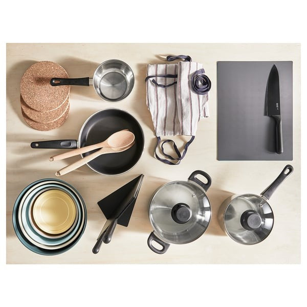 IKEA ANNONS 5 piece cookware set material is glass and stainless steel.