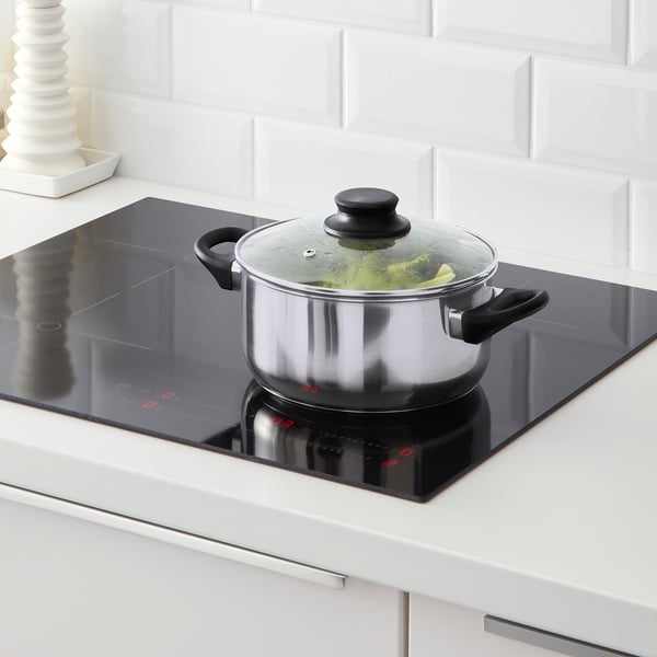 IKEA ANNONS 5 piece cookware set material is glass and stainless steel.