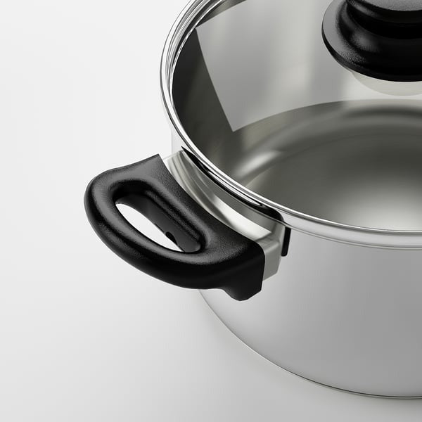 IKEA ANNONS 5 piece cookware set material is glass and stainless steel.