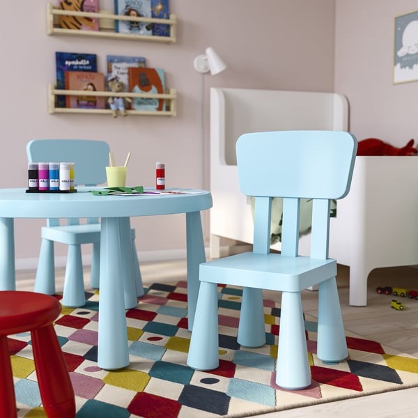 IKEA MAMMUT children's chair in light blue colour right side.