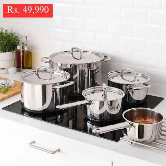 IKEA 365+ 9-piece cookware set in stainless steel.