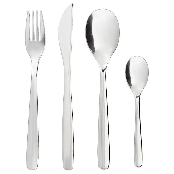 IKEA MOPSIG 16-piece cutlery set in stainless steel.