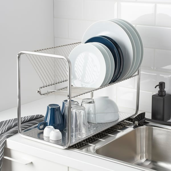 IKEA dish drainer in stainless steel ORDNING with plates, glasses and mug.