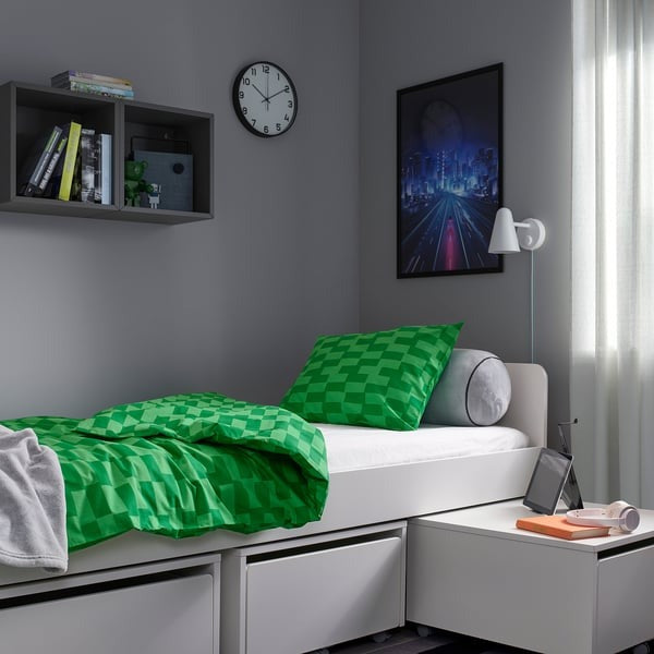 IKEA Duvet Cover and Pillowcase Green Patterned BLASKATA.