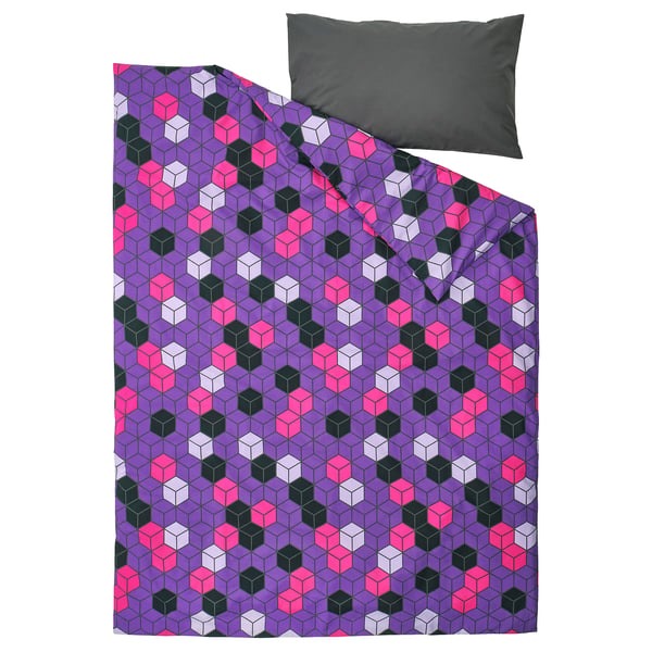 IKEA Duvet Cover and Pillowcase Purple and Black Patterned BLASKATA.