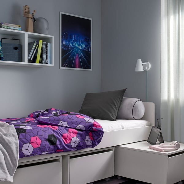IKEA Duvet Cover and Pillowcase Purple and Black Patterned BLASKATA.