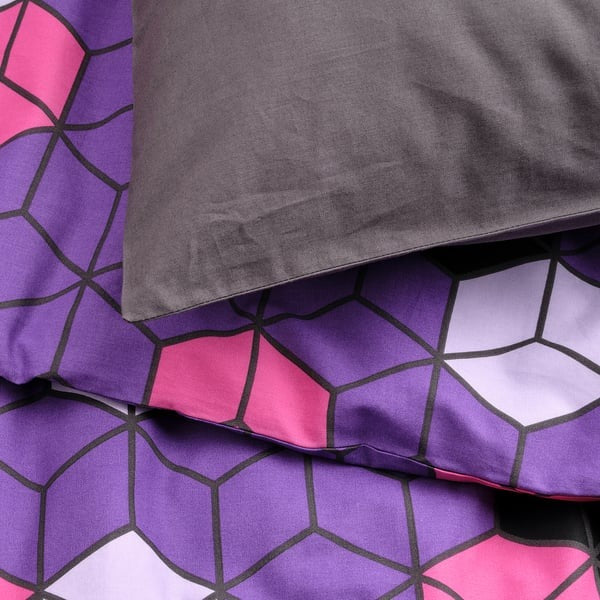 IKEA Duvet Cover and Pillowcase Purple and Black Patterned BLASKATA.
