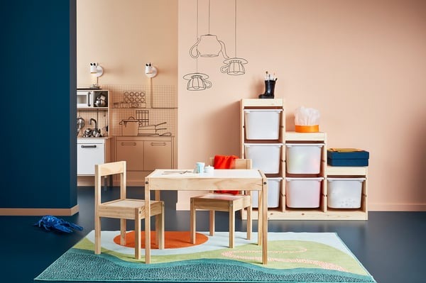 Kids play table and chairs set IKEA LATT in white and pine wood.