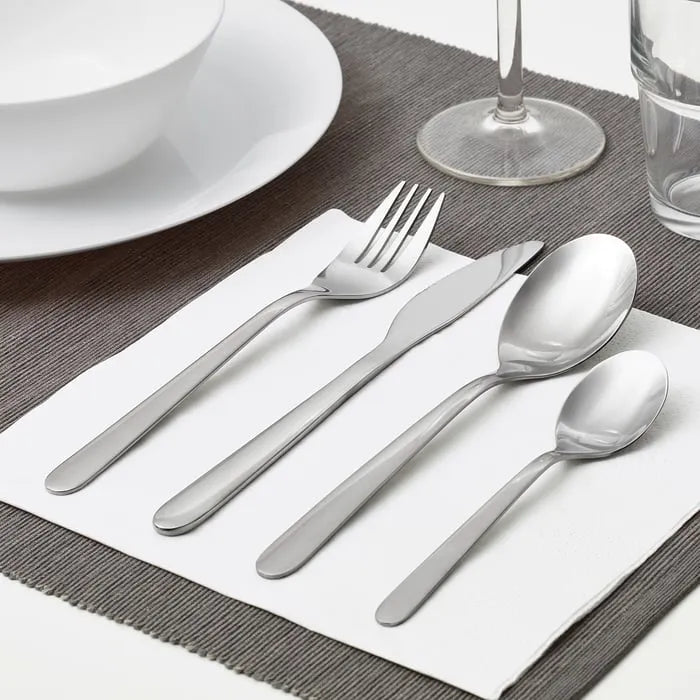 IKEA MOPSIG 16-piece cutlery set stainless steel front view.