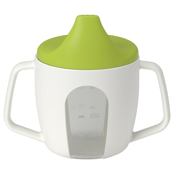IKEA training beaker BORJA in green and white color.