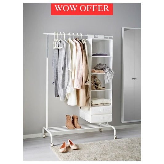 IKEA RIGGA clothes rack in white color with castors.