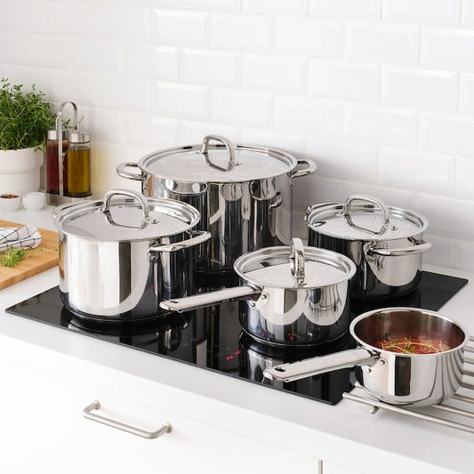 IKEA 365+ 9-piece cookware set in stainless steel.