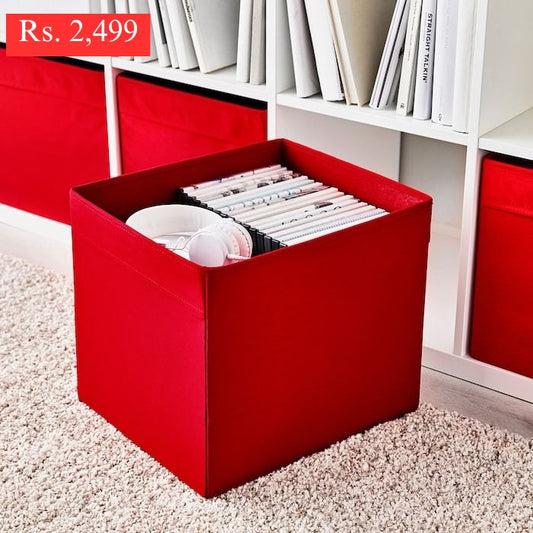 IKEA DRONA storage box in red color.