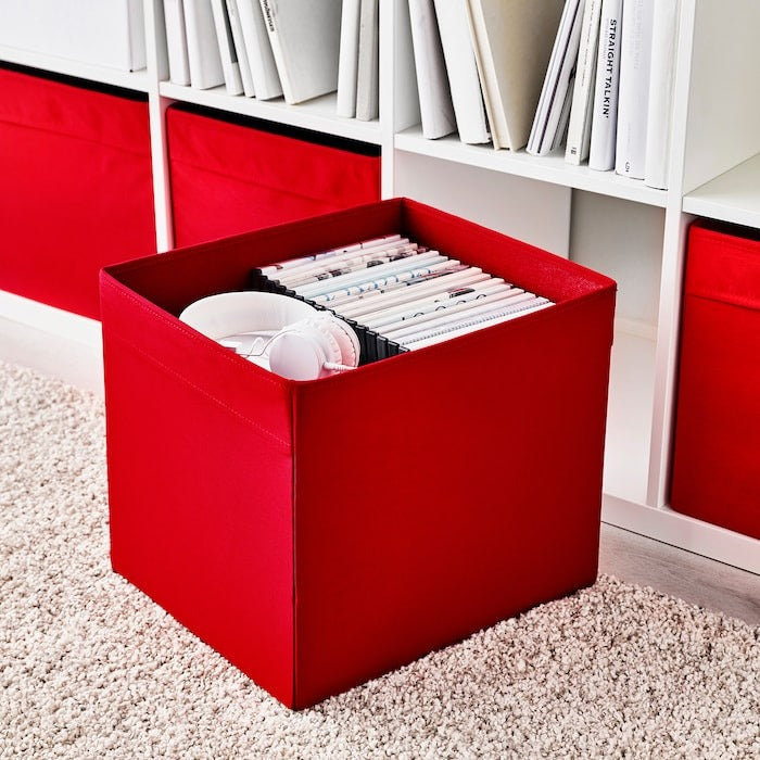 IKEA DRÖNA fabric box organizing wardrobe and shelves.