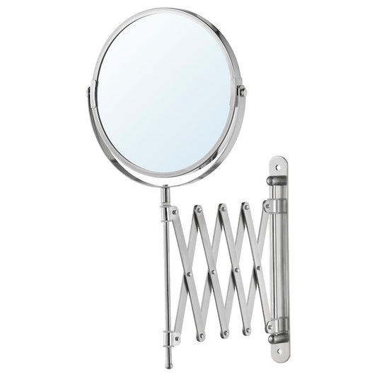 Foldable makeup mirror with round silver frame on a white background