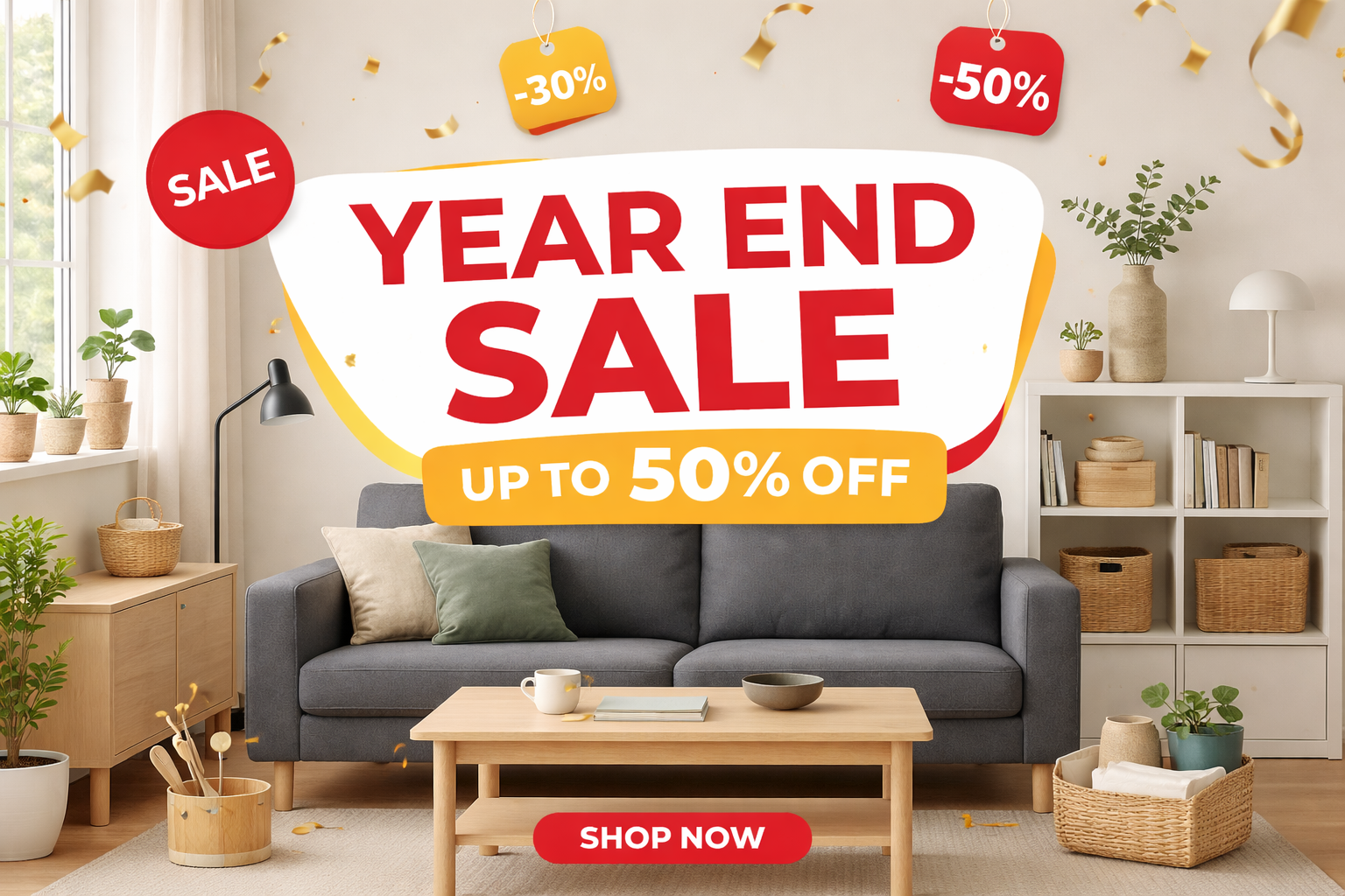 Year end sale banner showing discounts on furniture and home essentials