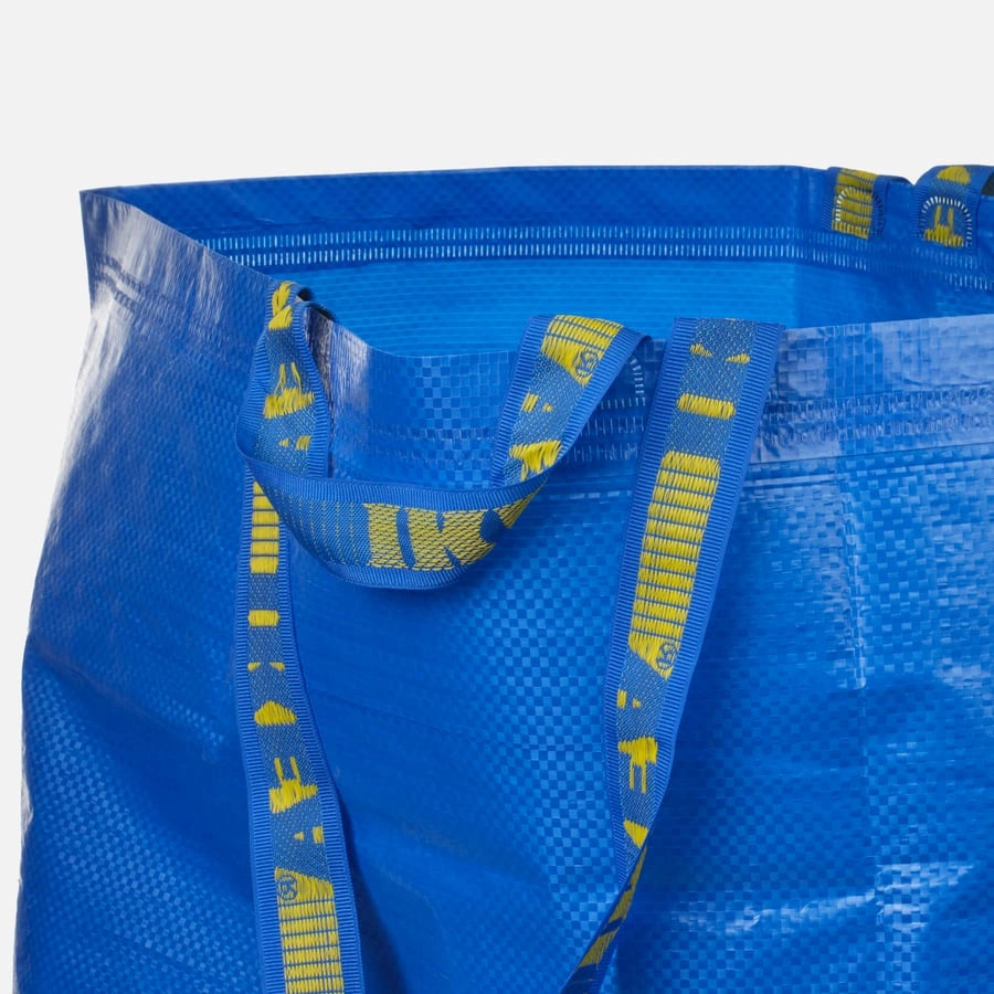 Closeup of IKEA FRAKTA large blue carrier bag 55x37x35 cm with 71 litre capacity
