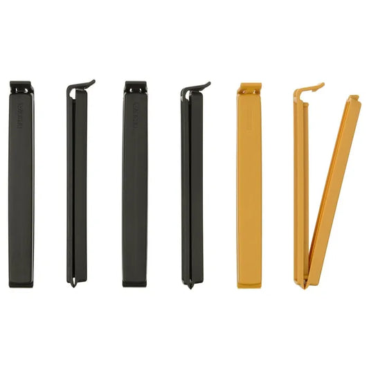 IKEA BEVARA sealing clips pack of 6 anthracite and dark yellow front view.