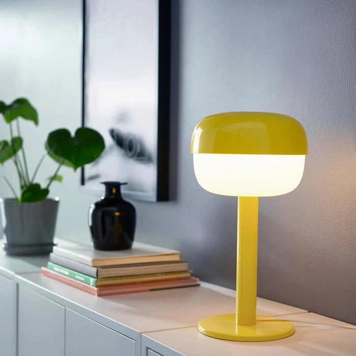 Yellow IKEA BLASVERK bedside table lamp side view
