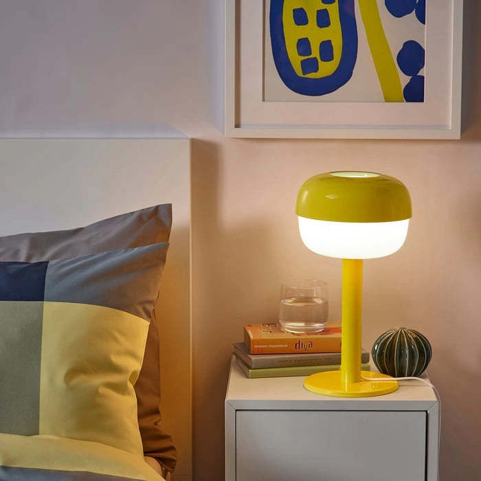 Yellow IKEA BLASVERK bedside table lamp side view