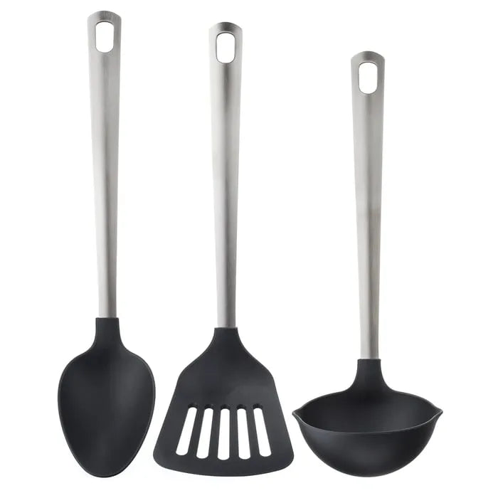 IKEA DIREKT 3-piece kitchen utensil set black stainless steel front view.