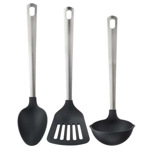 IKEA DIREKT 3-piece kitchen utensil set black stainless steel front view.