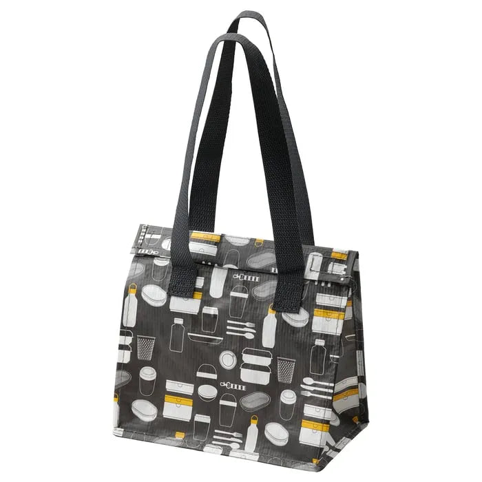 IKEA FLADDRIG Lunch bag patterned grey with handles.