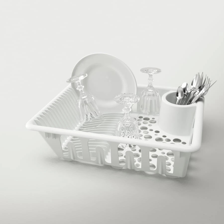IKEA FLUNDRA white dish drainer in a kitchen setting