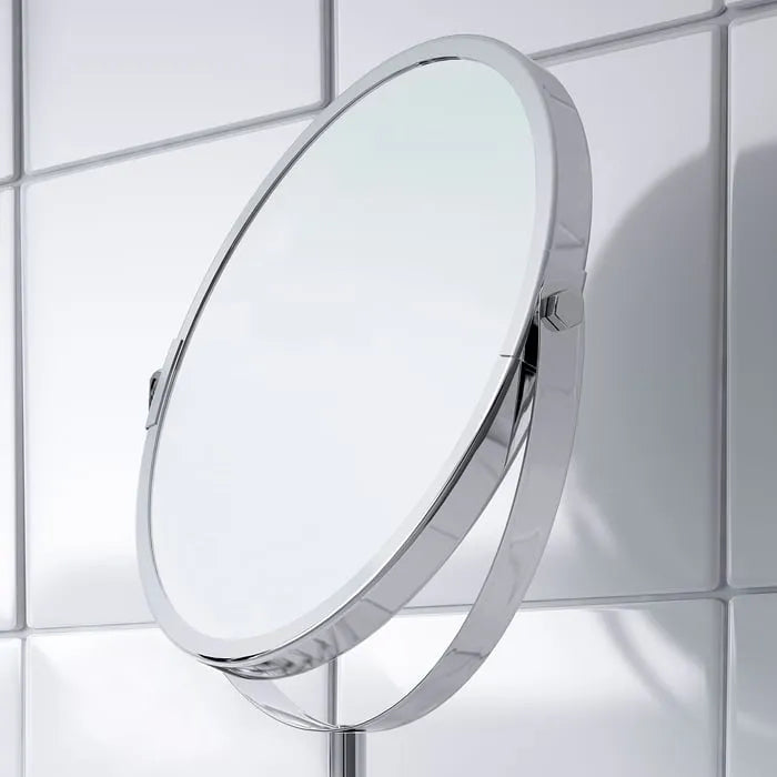 Stainless steel makeup mirror IKEA FRACK dual-sided magnification.