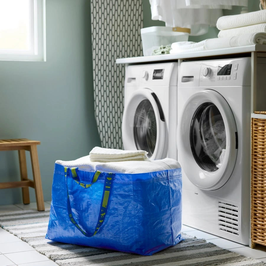 IKEA FRAKTA blue carrier bag used for laundry and household storage