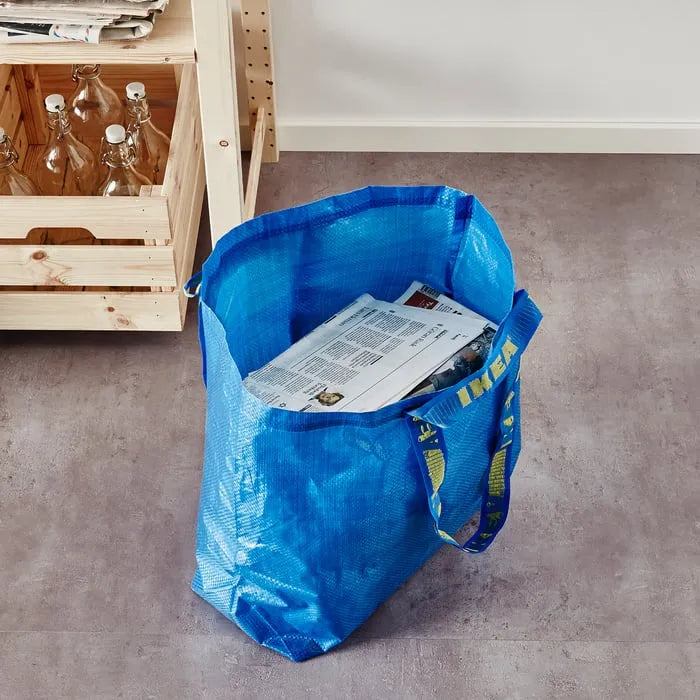 Large reusable IKEA FRAKTA bag showing storage capacity