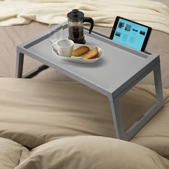 IKEA KLIPSK bed tray used as laptop table grey.