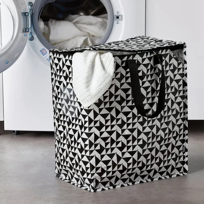Side view of IKEA KNALLA Storage Bag Black/White.