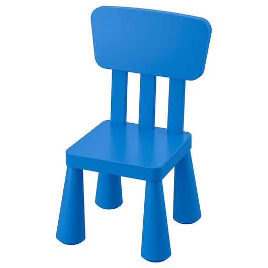 Blue IKEA MAMMUT chair for toddlers in playroom setting.