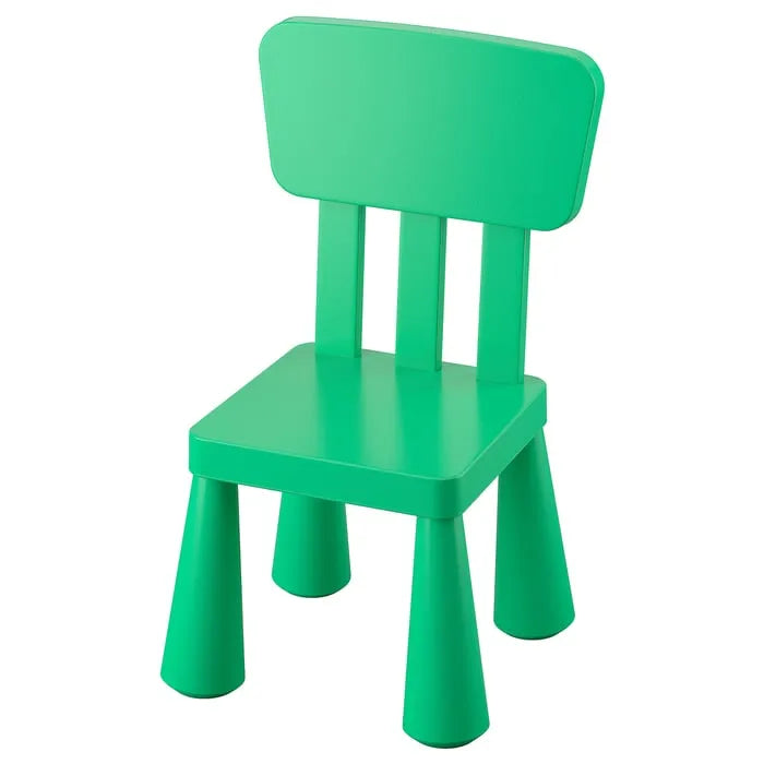 IKEA MAMMUT kids chair bright green for indoor outdoor use.