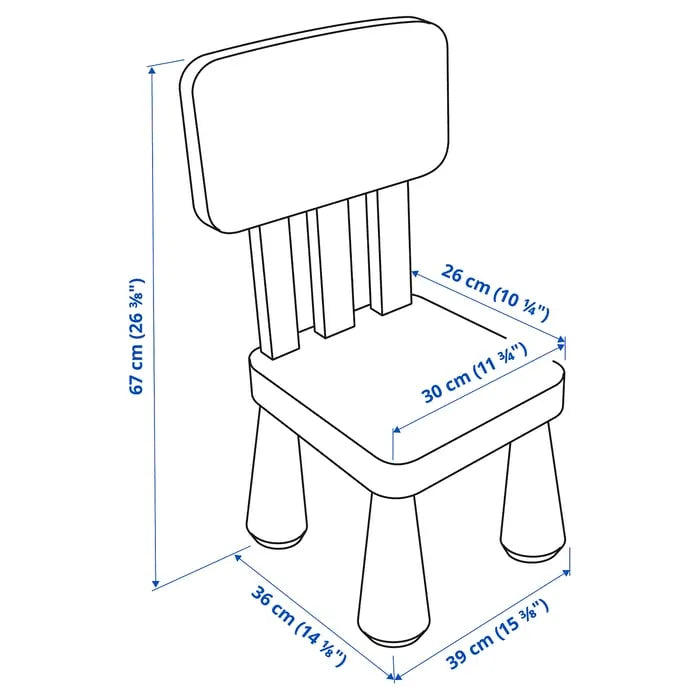Dimensions of IKEA MAMMUT kids chair lilac colour for indoor outdoor use.