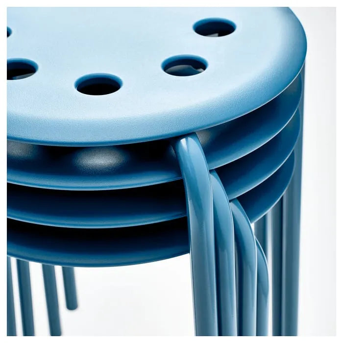 Closeup of IKEA MARIUS blue stool.