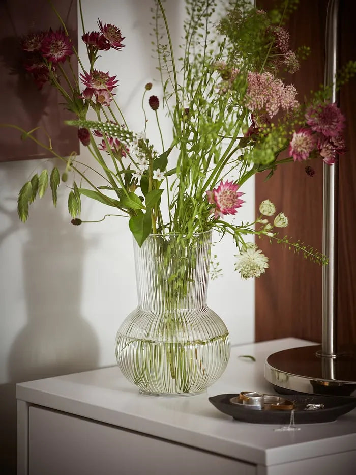 IKEA PADRAG glass flower vase styled with fresh flowers.