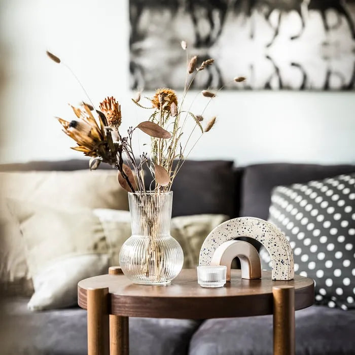 IKEA PADRAG glass flower vase styled with flowers.